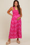 Fuchsia Printed Smocked Cropped Maternity Jumpsuit