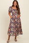 Black Floral Puff Sleeve Maternity Midi Dress