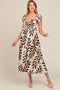 Brown Leaf Print Off Shoulder Smocked Maternity Midi Dress