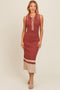 Rust Knit Button Front Contrast Border Midi Dress