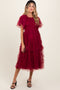 Burgundy Smocked Ruffled Mesh Maternity Midi Dress