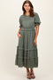 Olive Satin Ruffle Trim Midi Dress