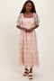 Light Pink Floral Mesh Overlay Tie Back Midi Dress