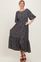 Black Floral Puffed Short Sleeve Maxi Dress