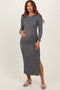 Charcoal Knit Side Slit Lettuce Trim Maternity Maxi Dress