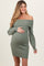 Light Olive Off Shoulder Balloon Sleeve Maternity Mini Sweater Dress