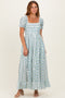 Light Blue Floral Puff Sleeve Lace Trim Maxi Dress