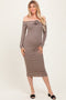 Taupe Striped Off Shoulder Rosette Maternity Midi Dress