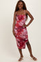 Pink Abstract Floral Ruched Side Slit Midi Dress