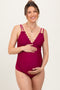 Burgundy Scalloped V-Neck Back Tie Cutout Maternity One Piece Swimsuit