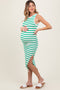 Green Striped Knit Sleeveless Side Slit Maternity Midi Dress