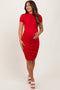 Red Ribbed Ruched Short Sleeve Maternity Dress