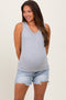 Light Blue High Rise Fringe Maternity Shorts