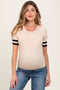 Beige Striped Short Sleeve Maternity Knit Top