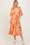 Orange Abstract Floral V-Neck Tiered Midi Dress