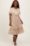 Light Olive Floral Ruffle Mock Neck Midi Dress