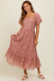 Mauve Embroidered Square Neck Midi Dress