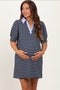Navy Striped Collared Puff Sleeve Maternity Dress