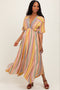 Yellow Striped Deep V-Neck Handkerchief Hem Midi Dress
