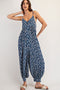 Navy Leaf Print Sleeveless Barrel Leg Jumpsuit