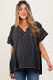 Charcoal Striped Ribbed V-Neck Oversized Short Sleeve Maternity Top