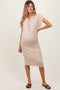 Beige Solid Ribbed Short Sleeve Button Down Knit Maternity Midi Dress