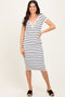White Striped Ribbed Henley Fitted Midi Dress