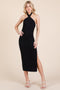 Black Halter Tied Criss-Cross Ribbed Midi Dress