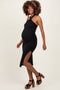 Black Halter Tied Criss-Cross Ribbed Maternity Midi Dress