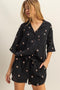 Black Floral Embroidered Top And Shorts Set