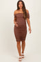 Mocha Mesh Ruched Off Shoulder Maternity Fitted Dress
