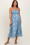 Blue Printed Smocked Halter Maternity Midi Dress
