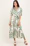 Olive Leaf Print Scallop Trim Midi Shirt Dress