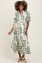 Olive Leaf Print Scallop Trim Maternity Midi Shirt Dress