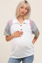 Ivory Solid Ribbed Color Block Button Down Short Sleeve Maternity Top