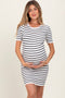 White Striped Ribbed Knit Short Sleeve Maternity Mini Dress