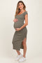 Olive Striped Off Shoulder Side Slit Maternity Midi Dress