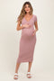 Mauve Short Sleeve Side Button Ribbed Maternity Midi Dress
