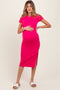 Fuchsia Crew Neck Bubble Knit Ribbed Maternity Midi Dress