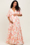 Pink Floral Satin Short Sleeve Deep V-Neck Tiered Maternity Maxi Dress