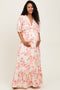 Pink Floral Printed Elbow Sleeve V-Neck Tiered Maternity Maxi Dress