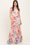 Multicolor Floral Ruched Mesh One Shoulder Maxi Dress