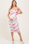 Fuchsia Floral Off Shoulder Ruched Mesh Maternity Midi Dress