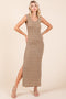 Camel Striped Ribbed Sleeveless Side Slit Maxi Dress