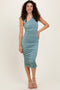 Light Olive Asymmetrical Neckline Ruched Midi Dress