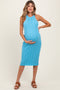 Blue Round Neck Bodycon Ribbed Knit Maternity Midi Dress