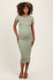 Light Olive Short Sleeve Rib Knit Maternity Midi Dress