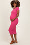 Pink Short Sleeve Rib Knit Maternity Midi Dress