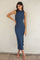Blue Mock Neck Side Slit Midi Dress