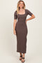 Brown Ribbed Short Sleeve Side Slit Midi Dress